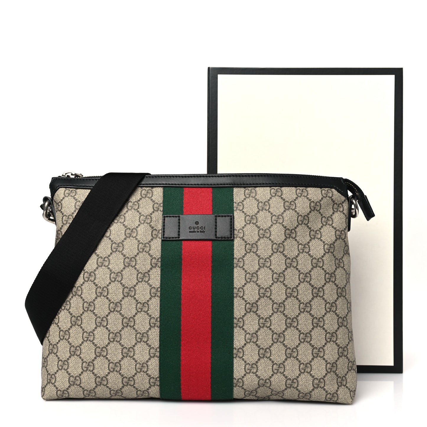 GG Supreme Monogram Calfskin Web Medium Flat Messenger Bag Beige Ebony Black