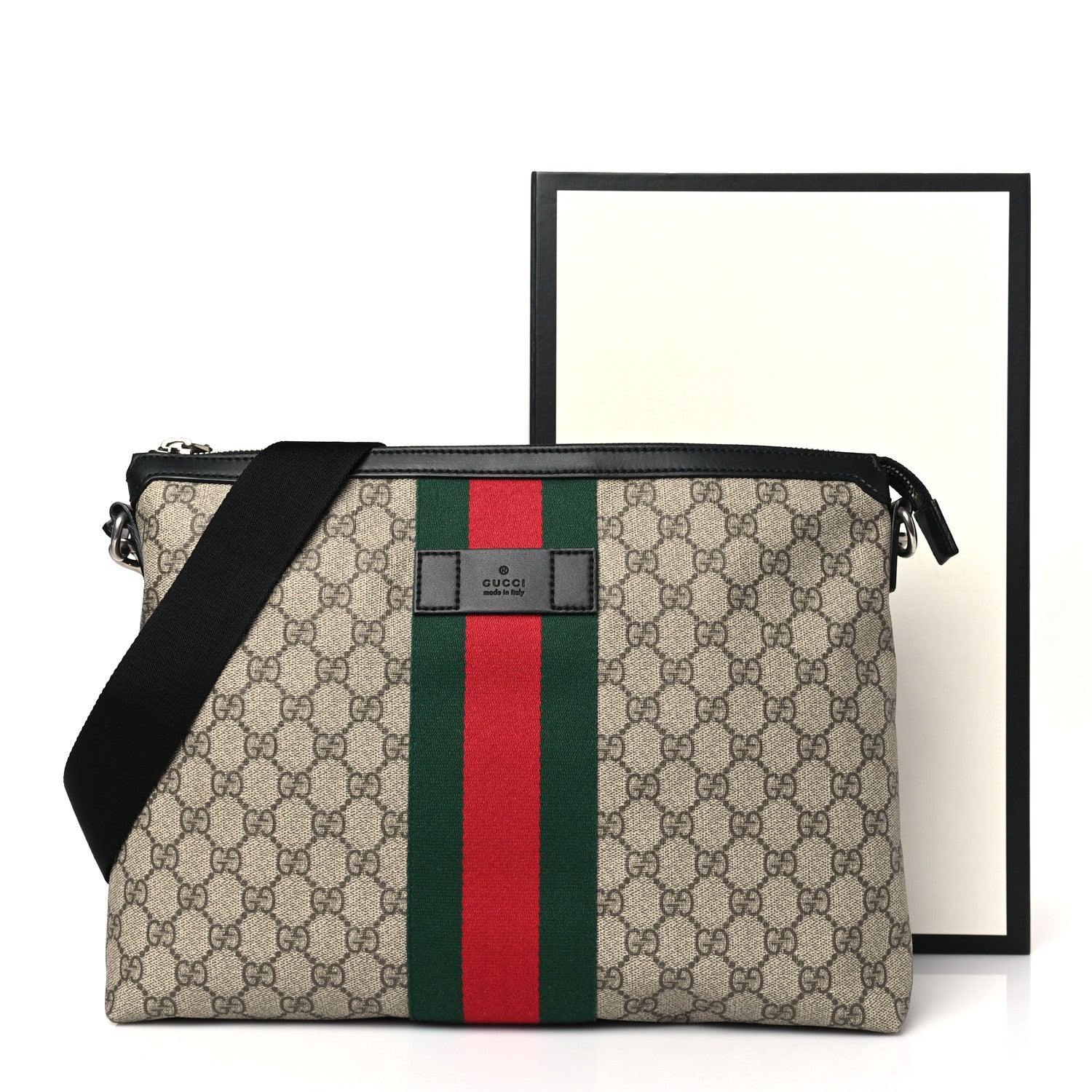 Gucci GG Supreme Monogram Calfskin Web Medium Flat Messenger Bag Beige Ebony Black 10 of 10