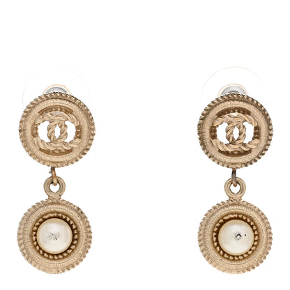 Chanel Pearl Textured CC Round Drop Earrings Gold 1 of 5