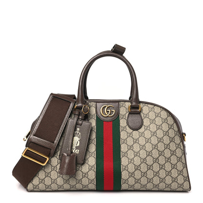 Gucci GG Supreme Monogram Textured Dollar Calfskin Web Medium Ophidia Top Handle Duffle Bag Beige Ebony New Acero 1 of 10