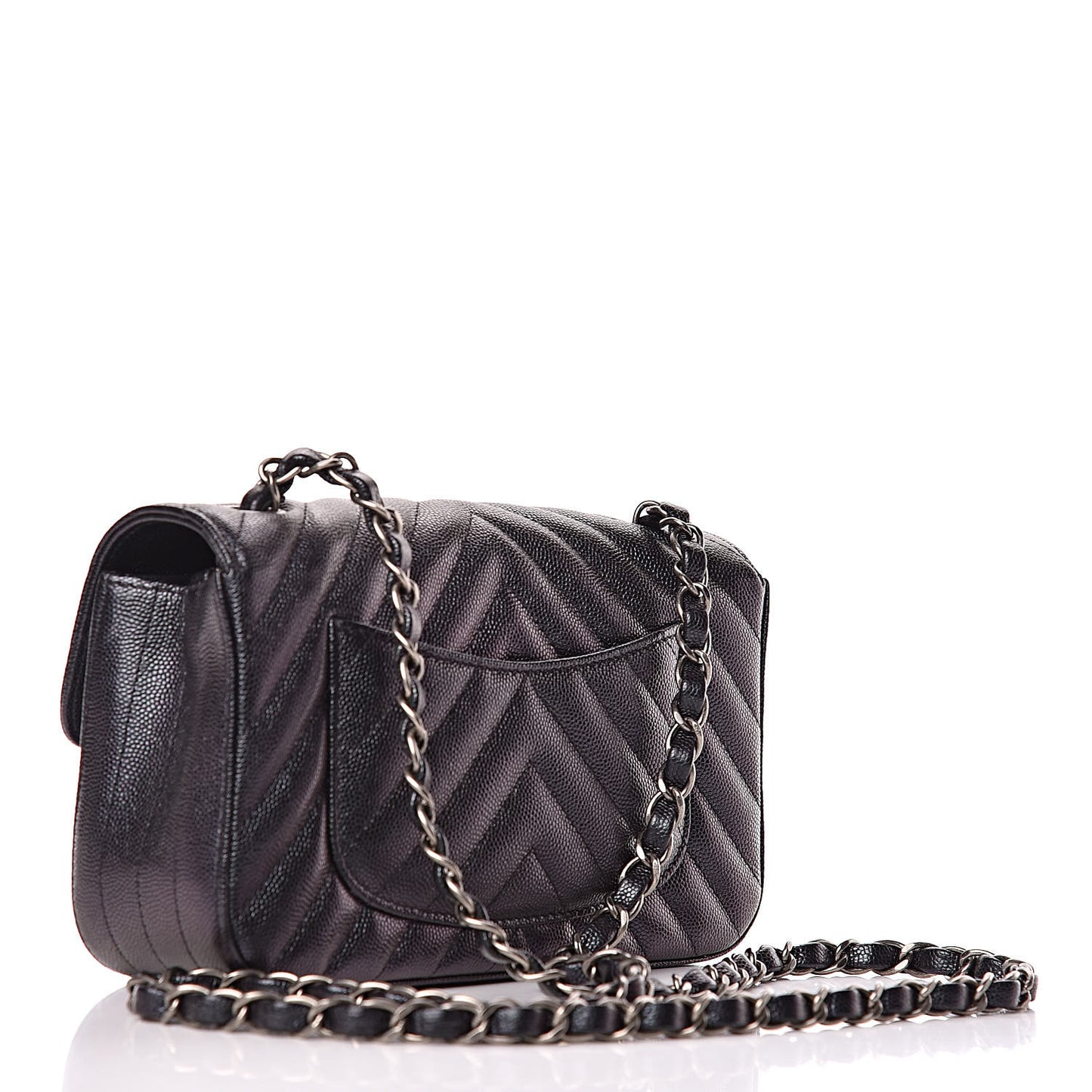 Iridescent Caviar Chevron Quilted Mini Rectangular Flap Black