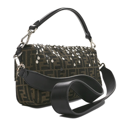 Fendi Fabric Jacquard F Paillettes Vitello Cover FF 1974 Embroidered Baguette Tobacco Moro Argento 3 of 11