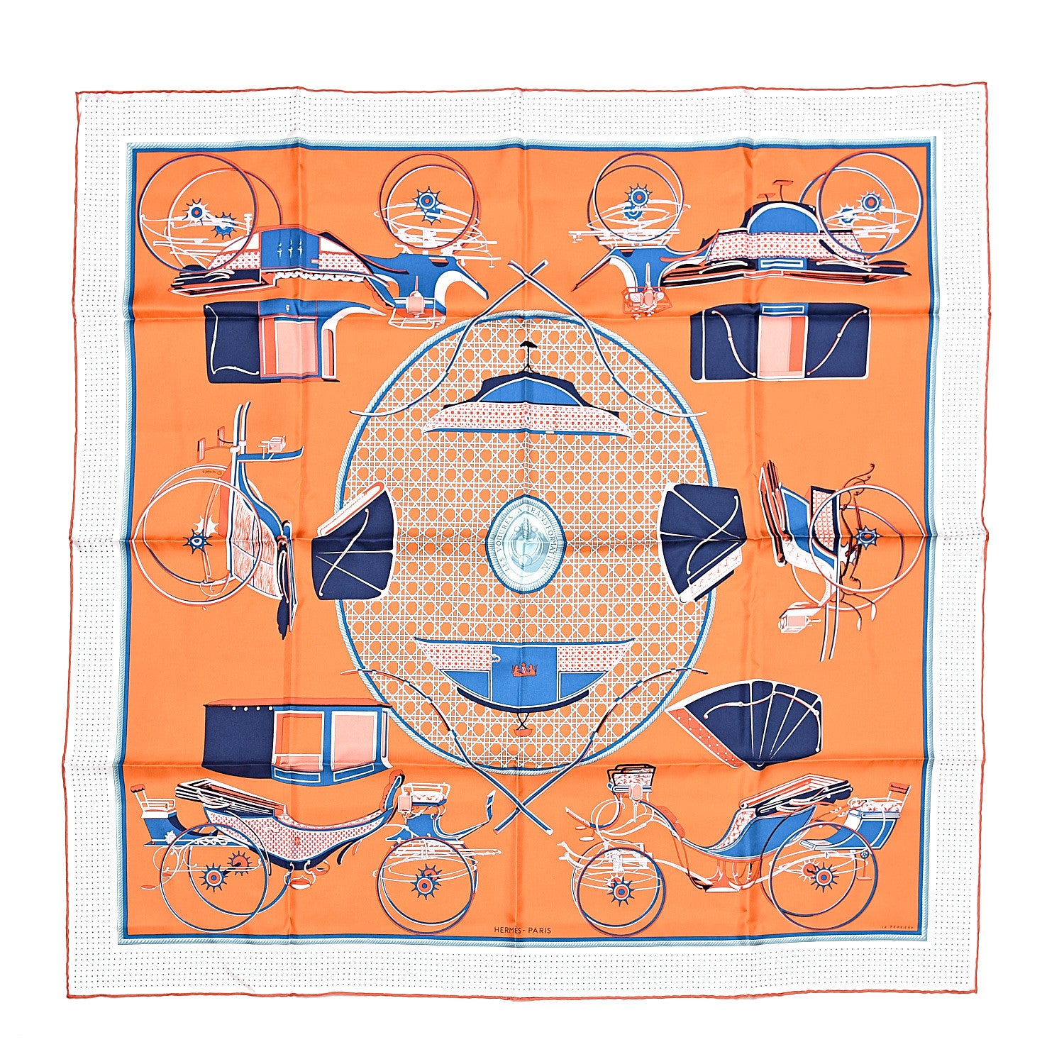 Hermes Silk Les Volttures A Transformation Scarf 90 Orange Blanc Bleu 1 of 4