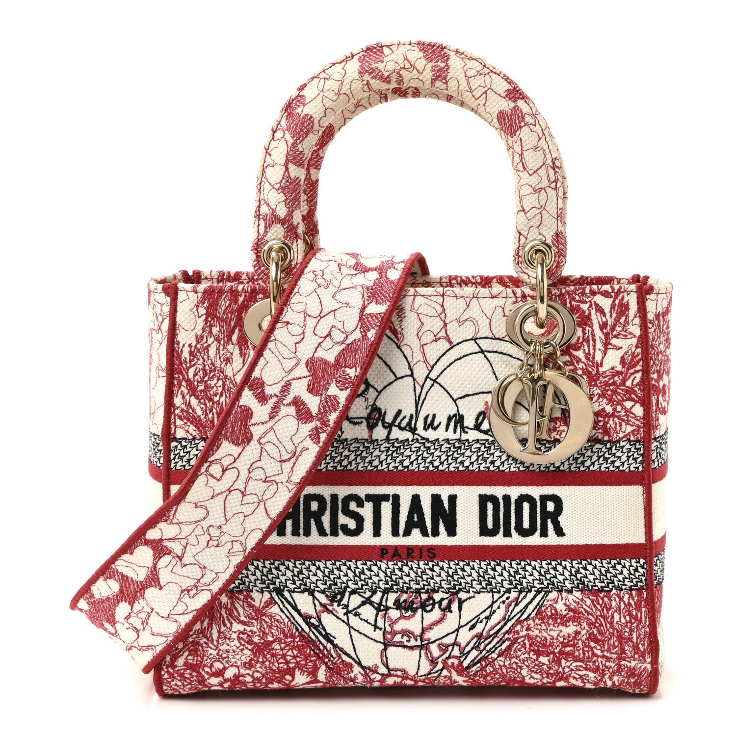 Christian Dior Canvas Embroidered Medium Dioramour D-Royaume Lady D-Lite Red Multicolor 1 of 9