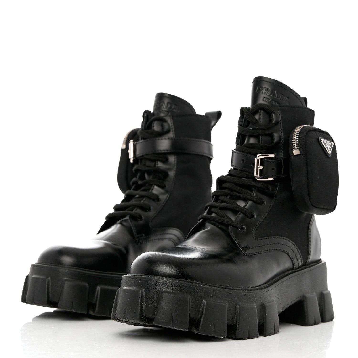 Prada Spazzolato Rois Re-Nylon Metal Triangle Logo Monolith Pouch Pocket 55mm Boots 39.5 Black 3 of 9