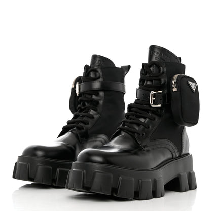 Prada Spazzolato Rois Re-Nylon Metal Triangle Logo Monolith Pouch Pocket 55mm Boots 39.5 Black 3 of 9