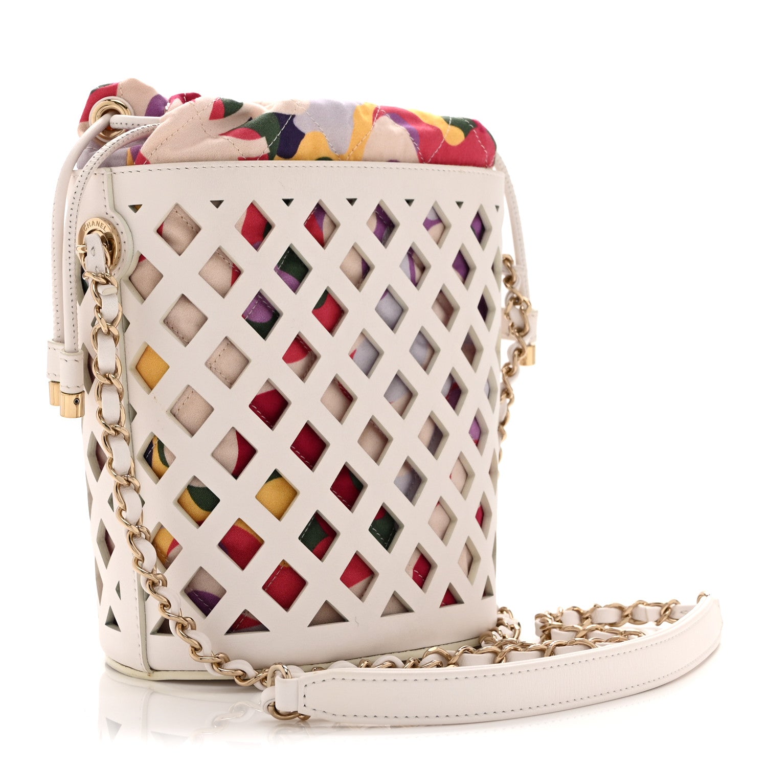 CHANEL アメニティ 麻 バケツ型バッグ Chanel Lambskin Sea Through Bucket Drawstring Bag White Multicolor