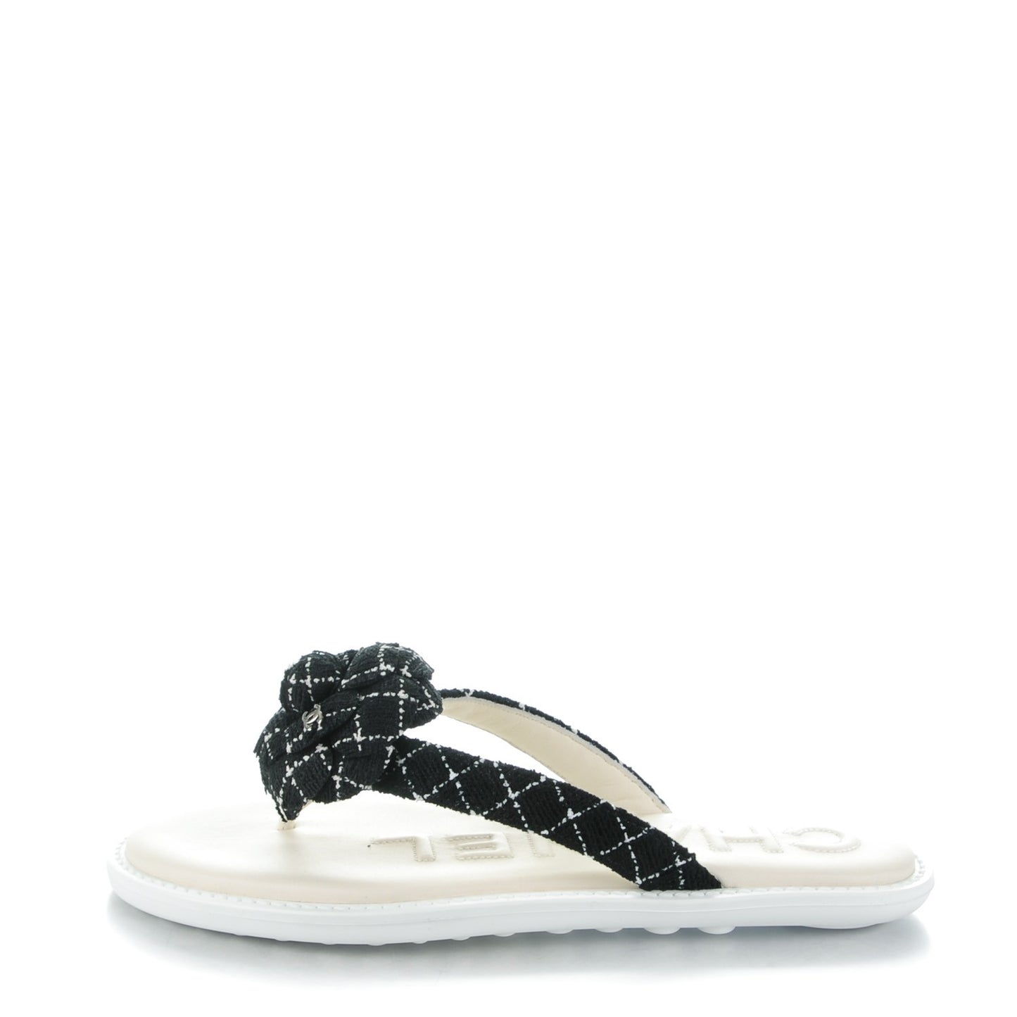 Tweed Quilted Camellia Thong Sandals 35 Black White