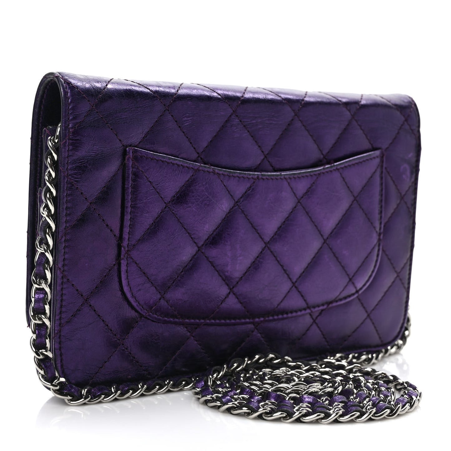Metallic Aged Calfskin Quilted 2.55 Reissue Wallet on Chain WOC Purple