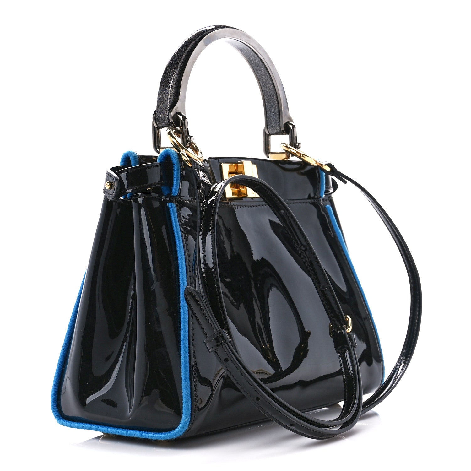 Fendi Patent Mini Plexi Handle Peekaboo Iconic Satchel Black Blue 3 of 10
