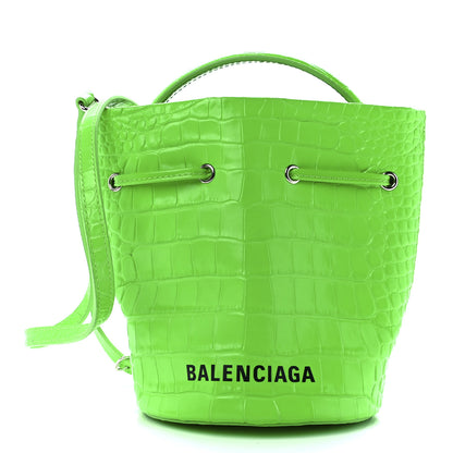 Balenciaga Shiny Calfskin Logo Crocodile Embossed XS Everyday Drawstring Bucket Bag Fluo Green 1 of 10