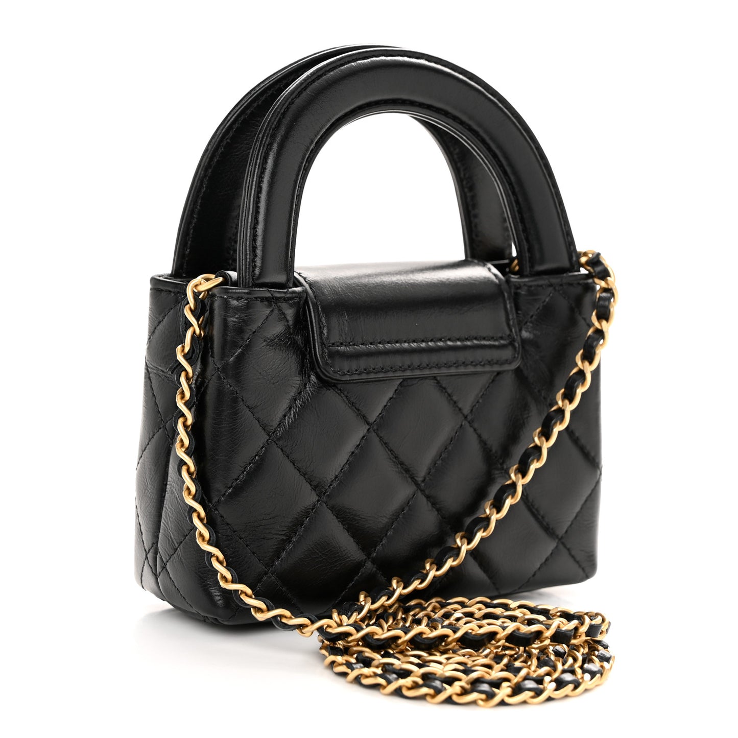 Shiny Aged Calfskin Quilted Mini Nano Kelly Shopper Black