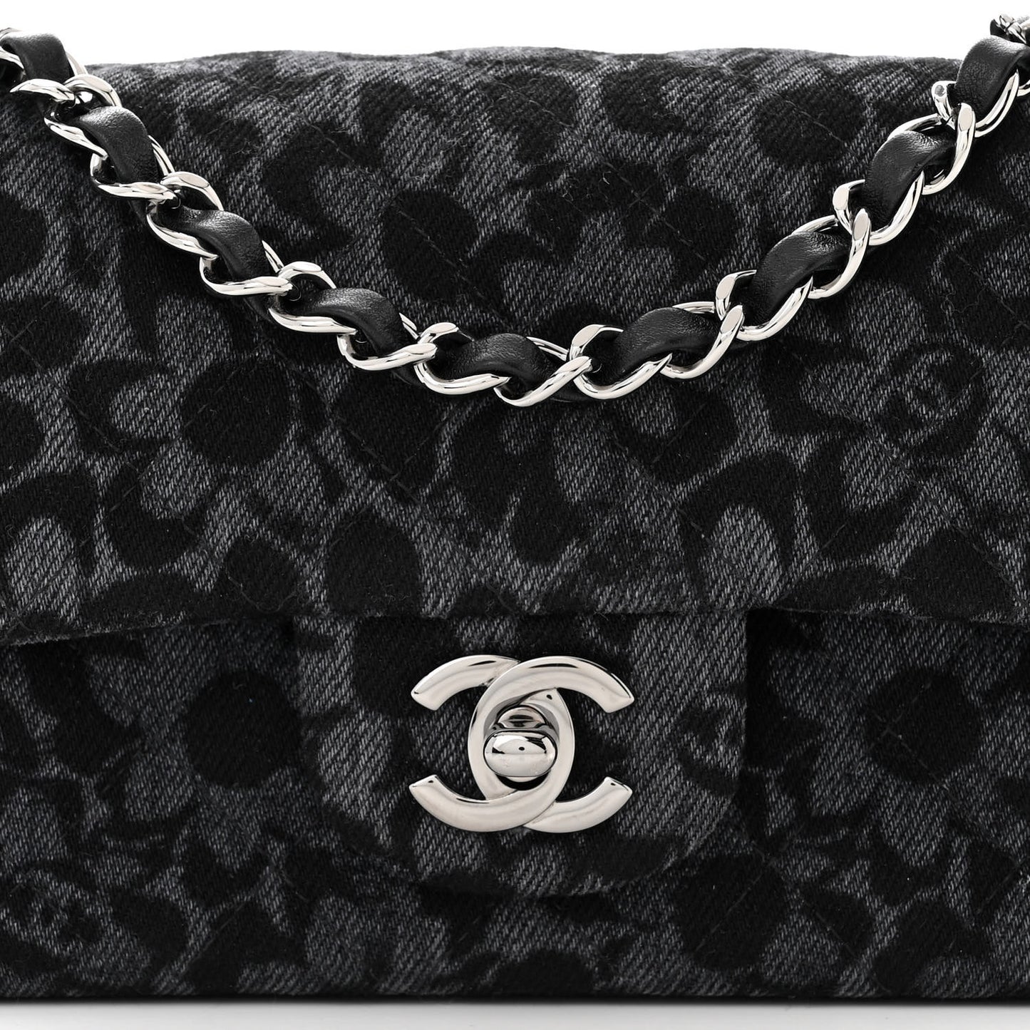Printed Denim Quilted Flower Mini Rectangular Flap Black