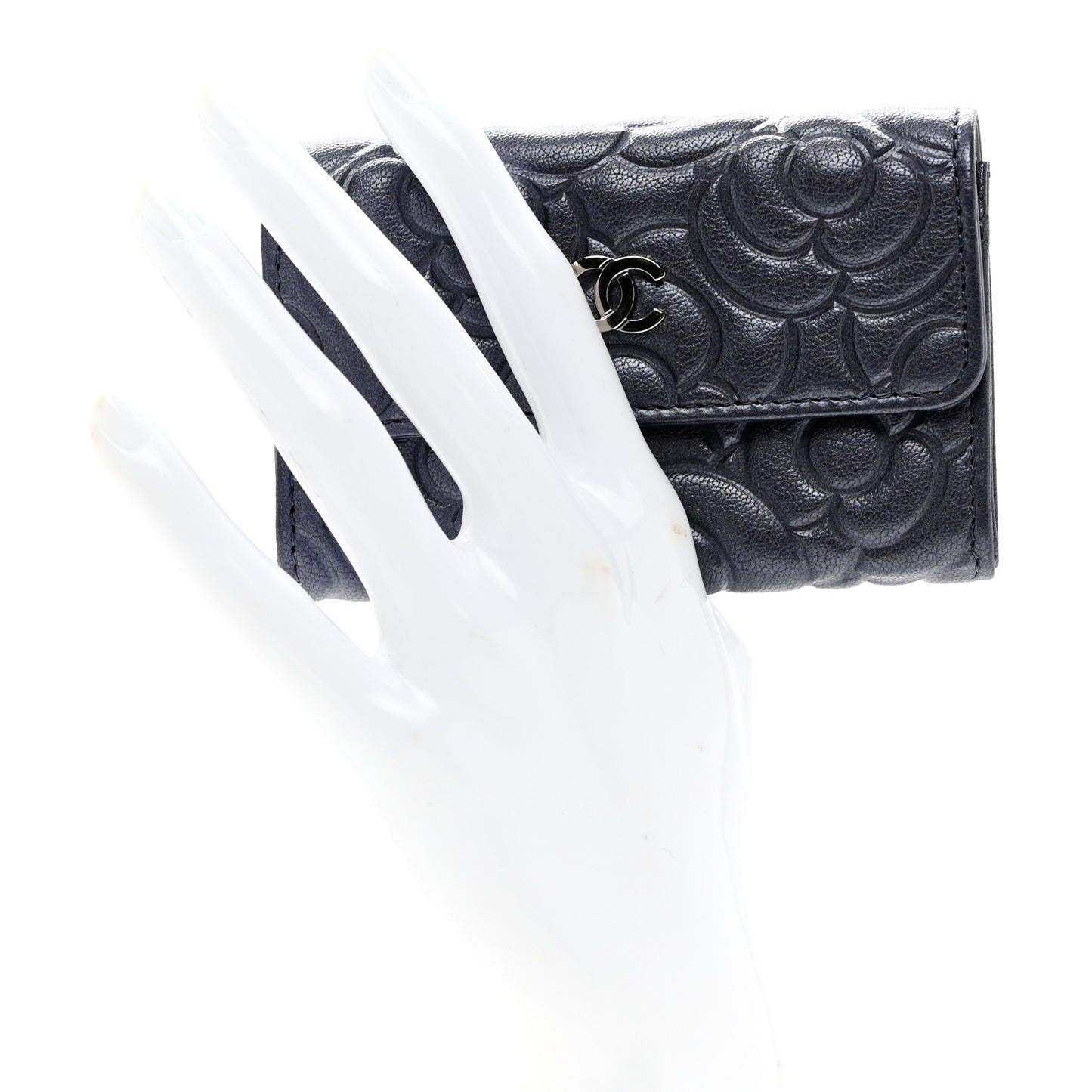 Goatskin Camellia Embossed Flap Card Holder Wallet Dark Blue