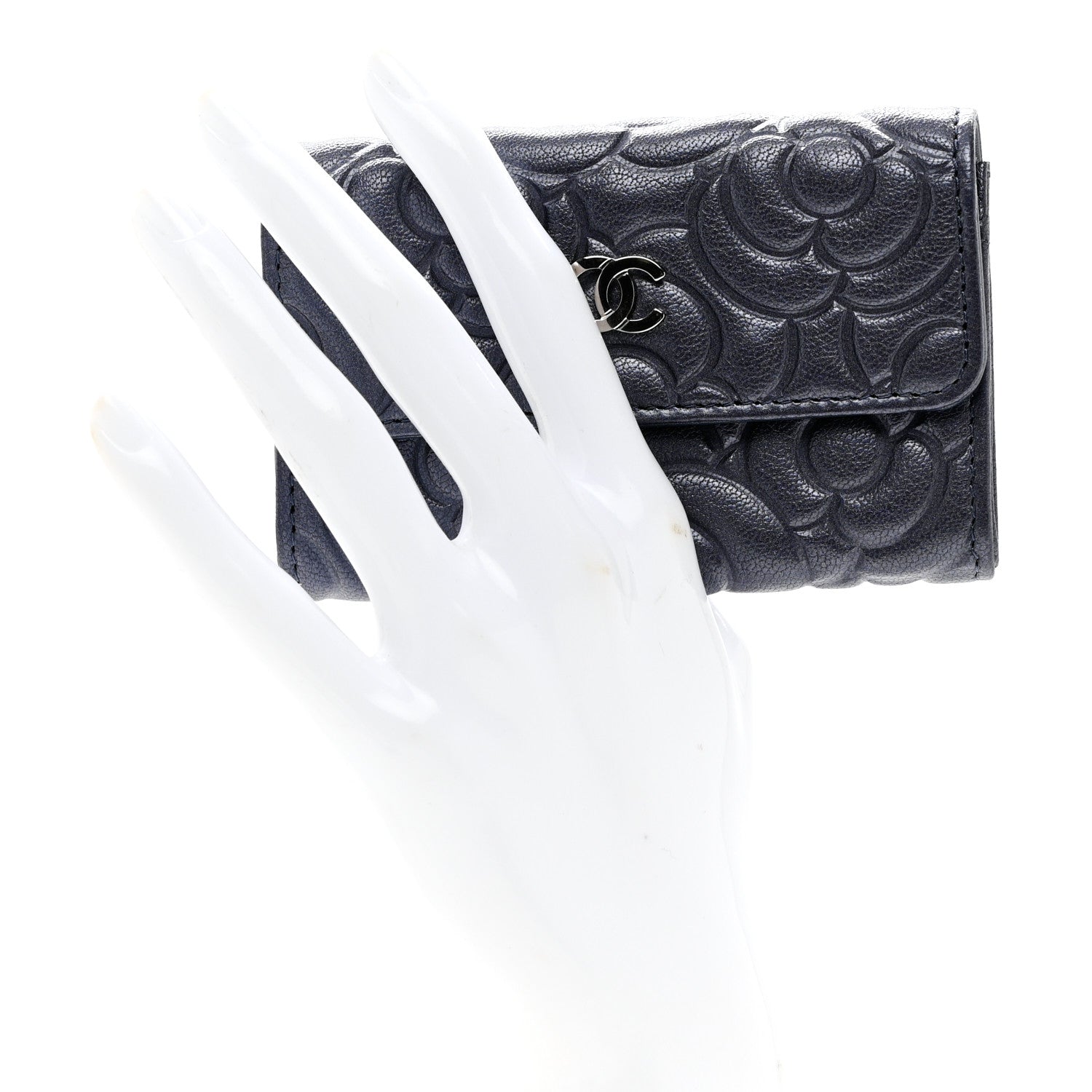 Chanel Goatskin Camellia Embossed Flap Card Holder Wallet Dark Blue 2 of 8