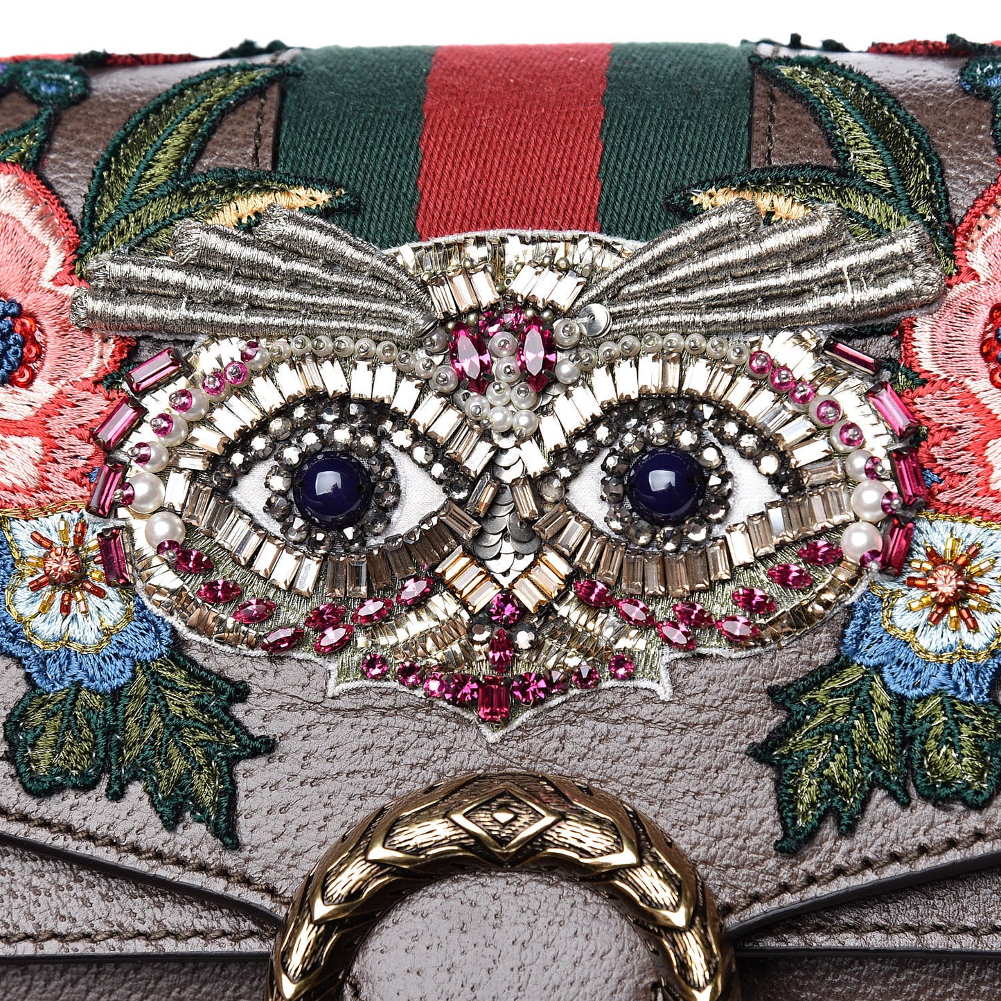 Calfskin Web Owl Embroidered Medium Dionysus Shoulder Bag New Acero Multicolor