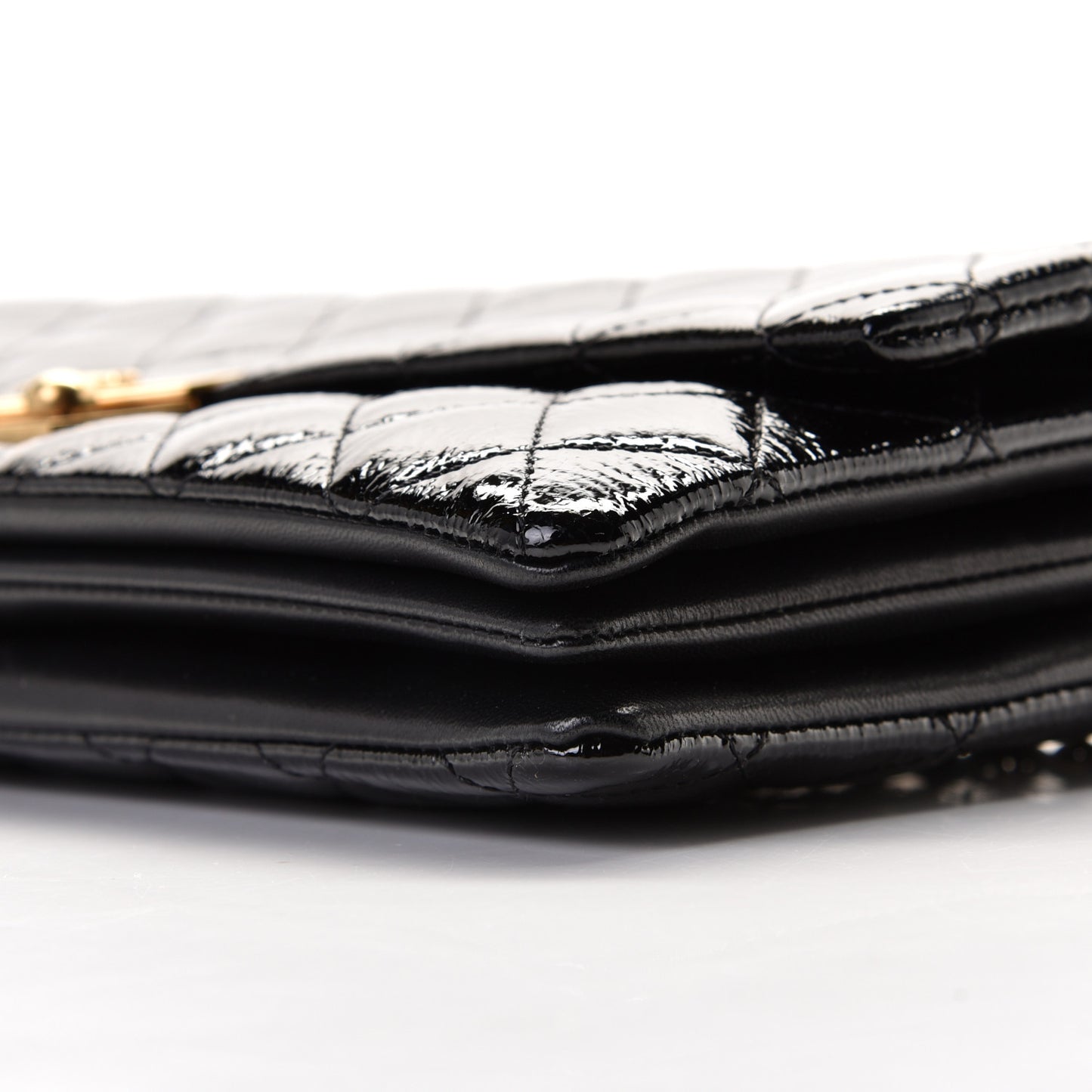 Patent Goatskin Quilted 3 Pocket Accordion Flap Black