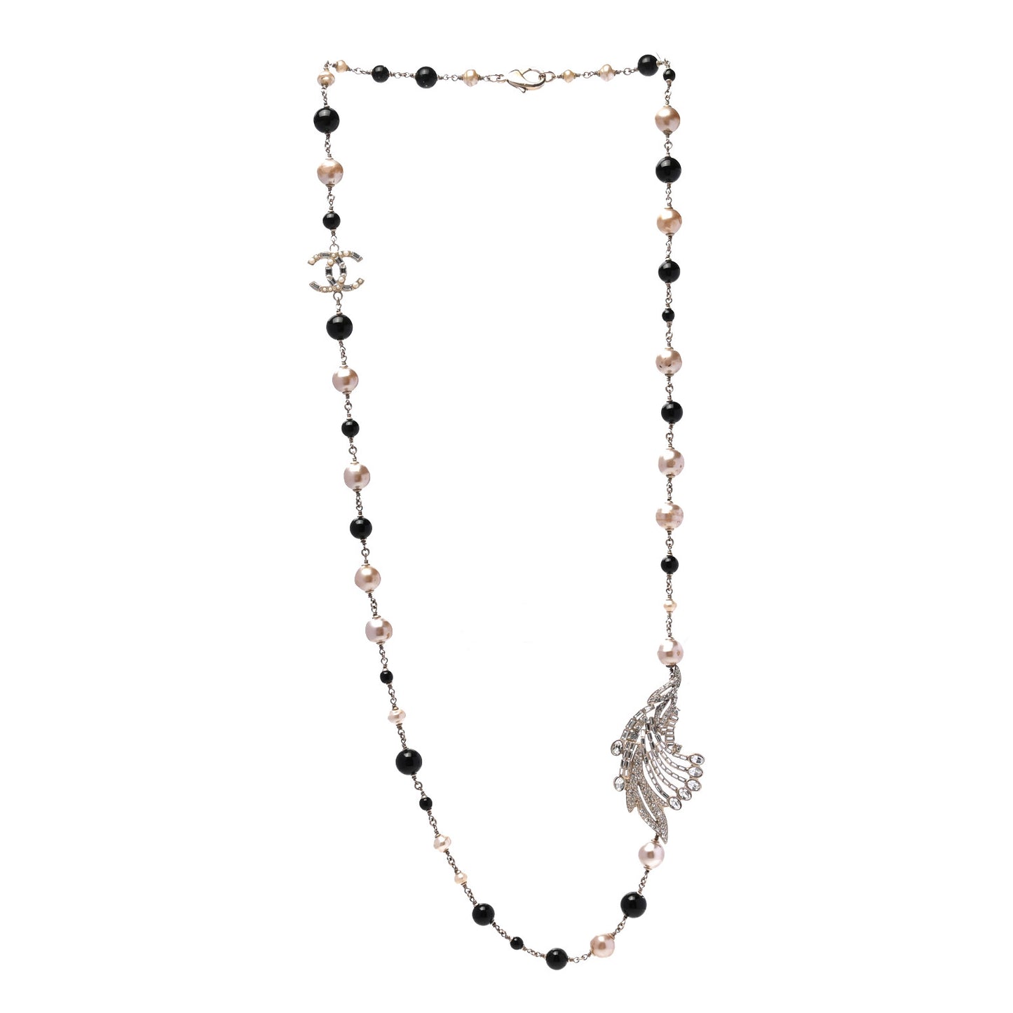 Pearl Crystal Baguette Beaded Wing Long Necklace Black Gold