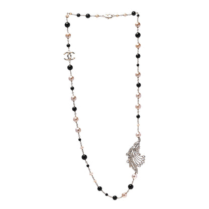 Chanel Pearl Crystal Baguette Beaded Wing Long Necklace Black Gold 3 of 5
