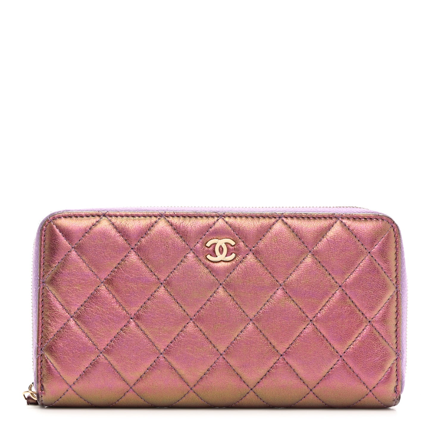 Iridescent Lambskin Quilted Large Gusset Zip Around Wallet Purple