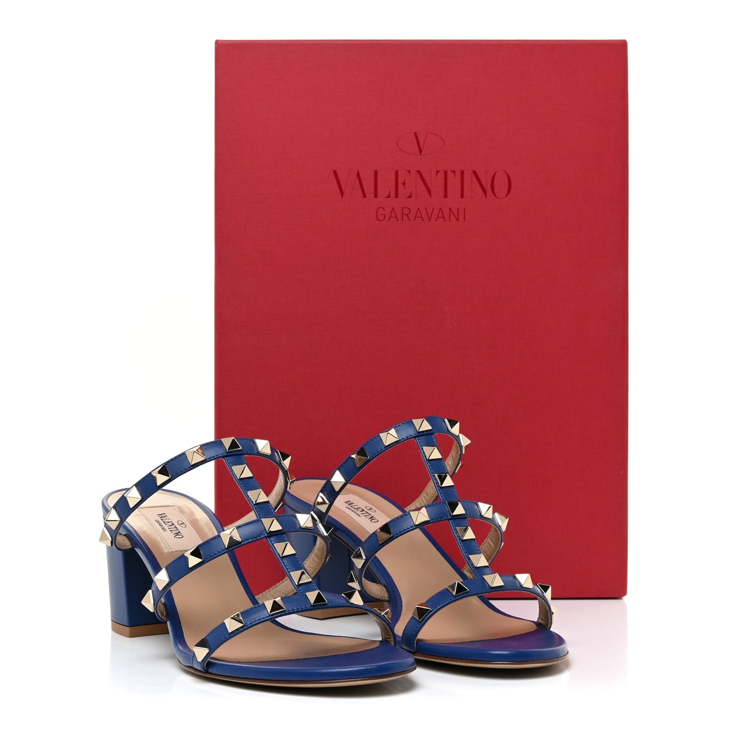 Calfskin Rockstud 60mm Caged Slide Sandals 38.5 Blu Delft