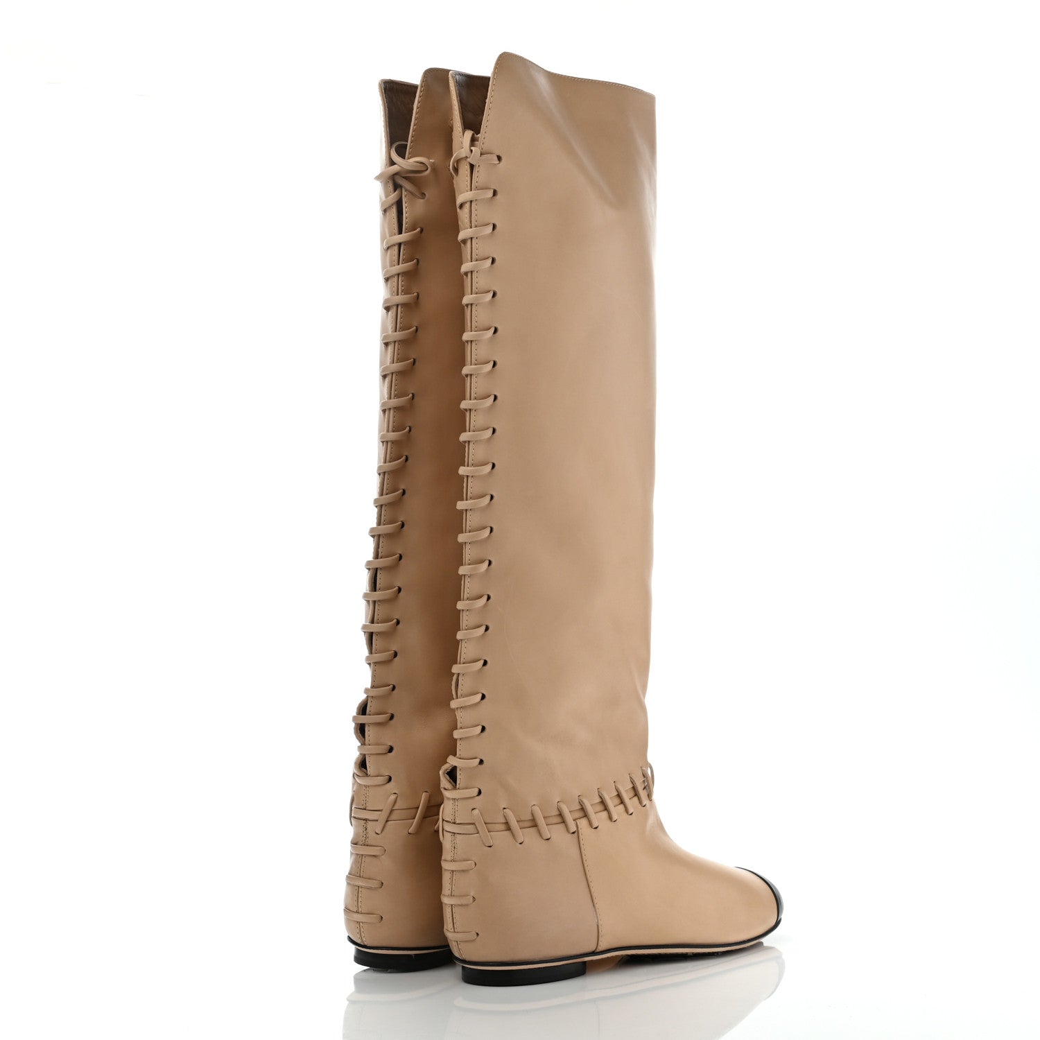 Chanel Lambskin Lace Up Cap Toe High Boots 37 Beige Black 4 of 13