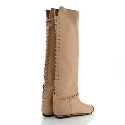 Chanel Lambskin Lace Up Cap Toe High Boots 37 Beige Black 4 of 13