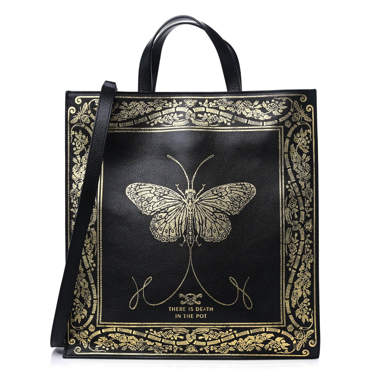 Textured Calfskin Garden Bat Vertical Shopping Tote Black