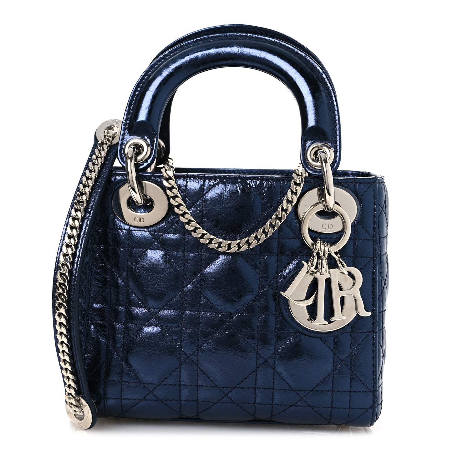Metallic Crinkled Lambskin Cannage Mini Lady Dior Blue