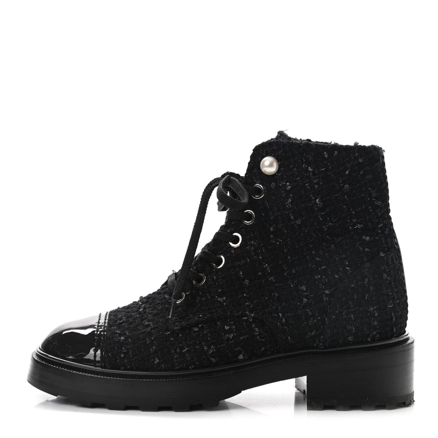 Tweed Patent Calfskin Pearl Combat Short Boots 36.5 Black Grey