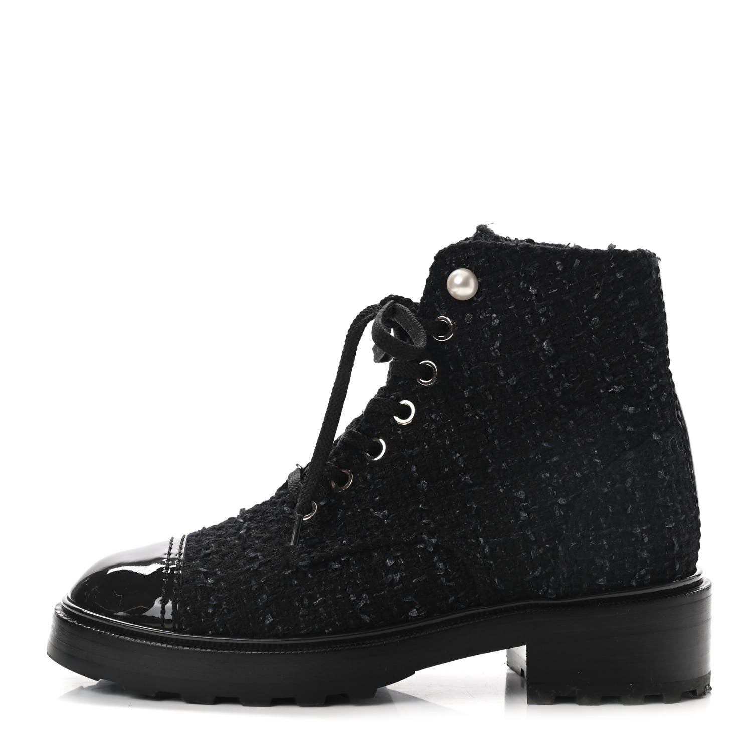 Chanel Tweed Patent Calfskin Pearl Combat Short Boots 36.5 Black Grey 1 of 8