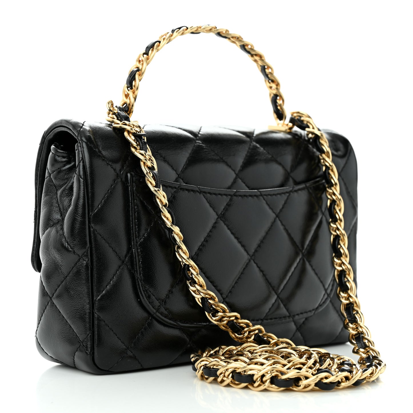 Shiny Lambskin Quilted Golden Links Top Handle Flap Black