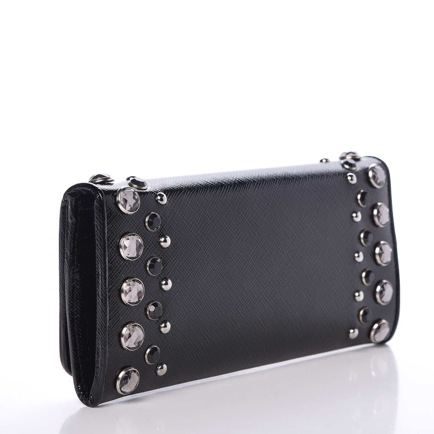 Prada Saffiano Vernice Crystal Studded Continental Wallet Black 3 of 8