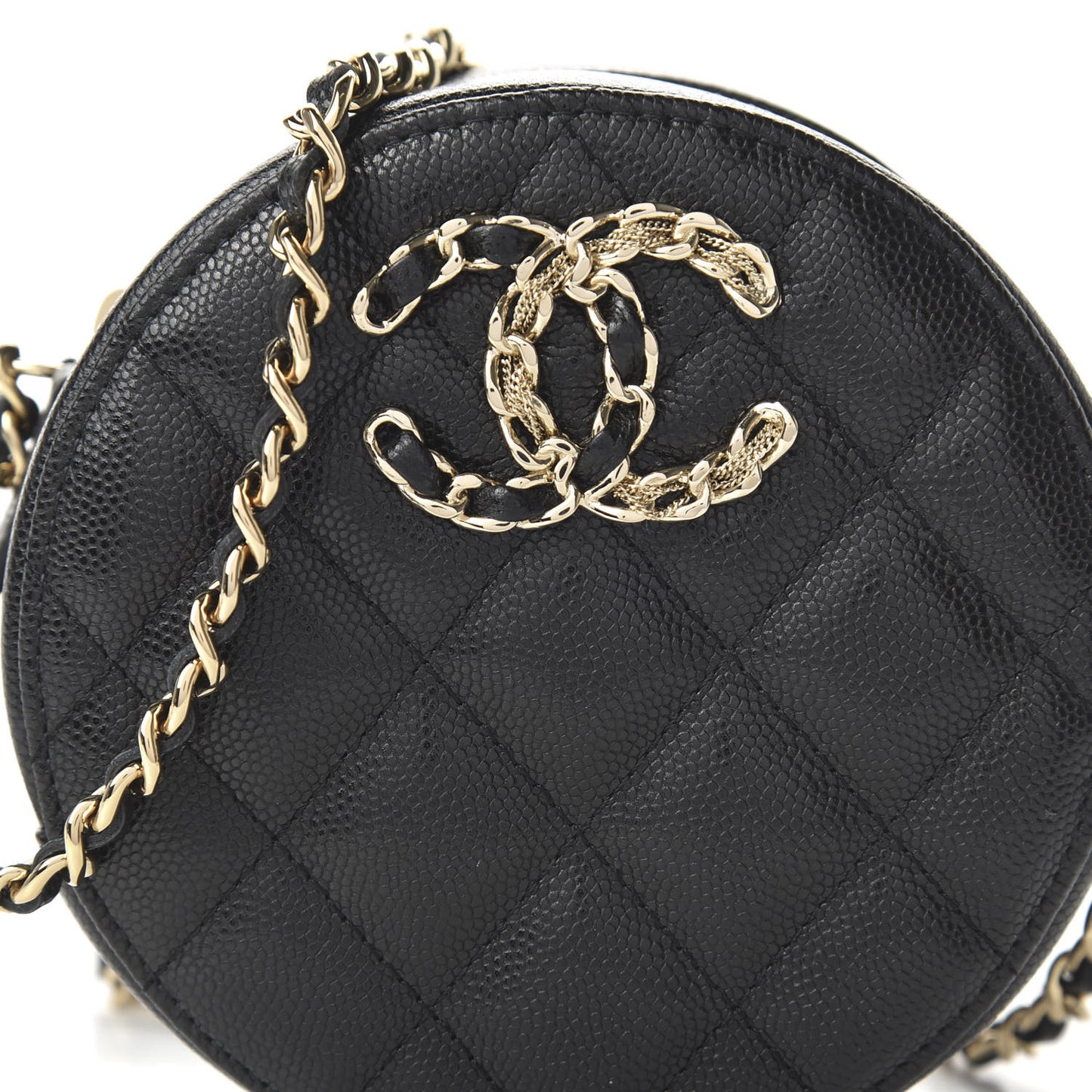Caviar Quilted French New Wave Round Clutch With Chain Black