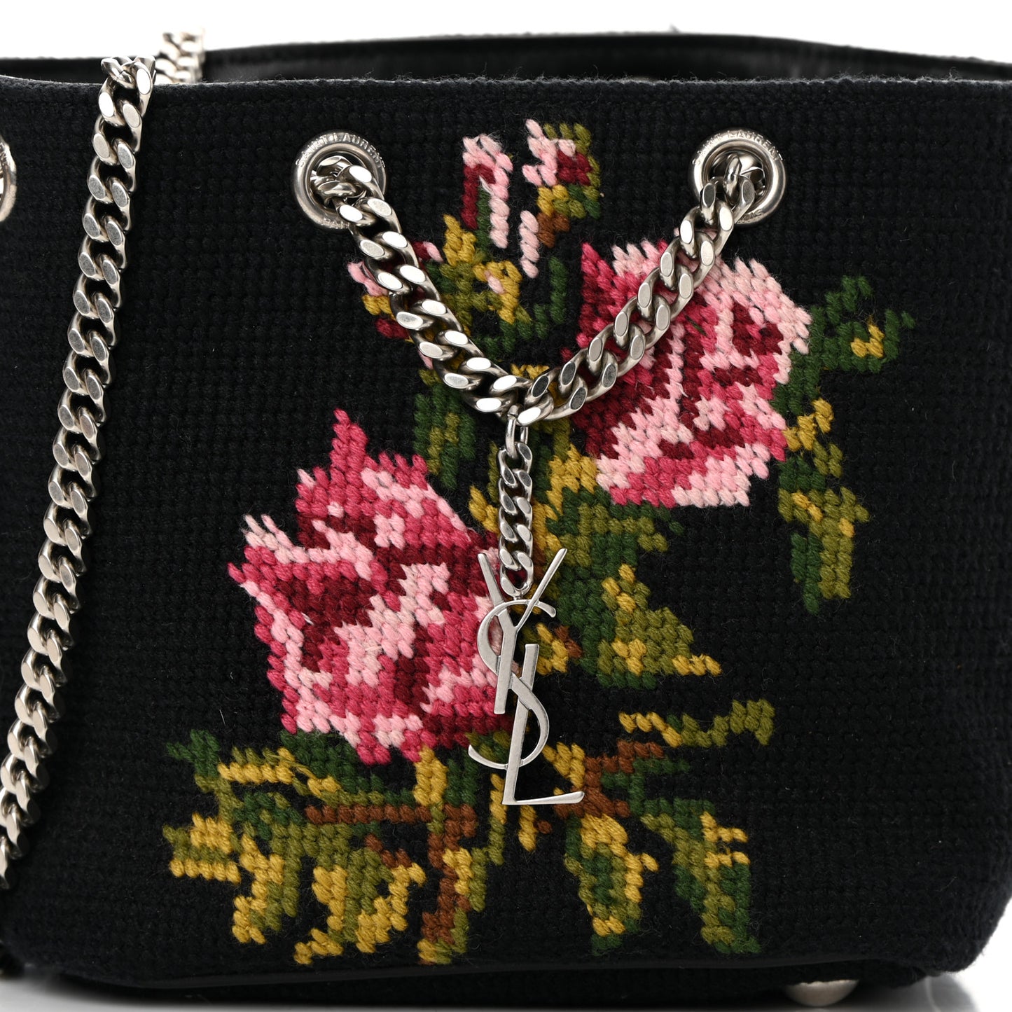 Woven Wool Embroidered Baby Emmanuelle Bucket Bag Black