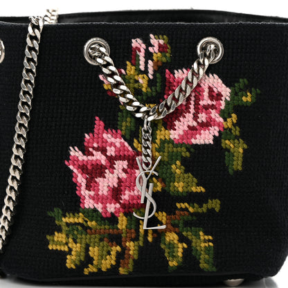 Saint Laurent Woven Wool Embroidered Baby Emmanuelle Bucket Bag Black 8 of 13