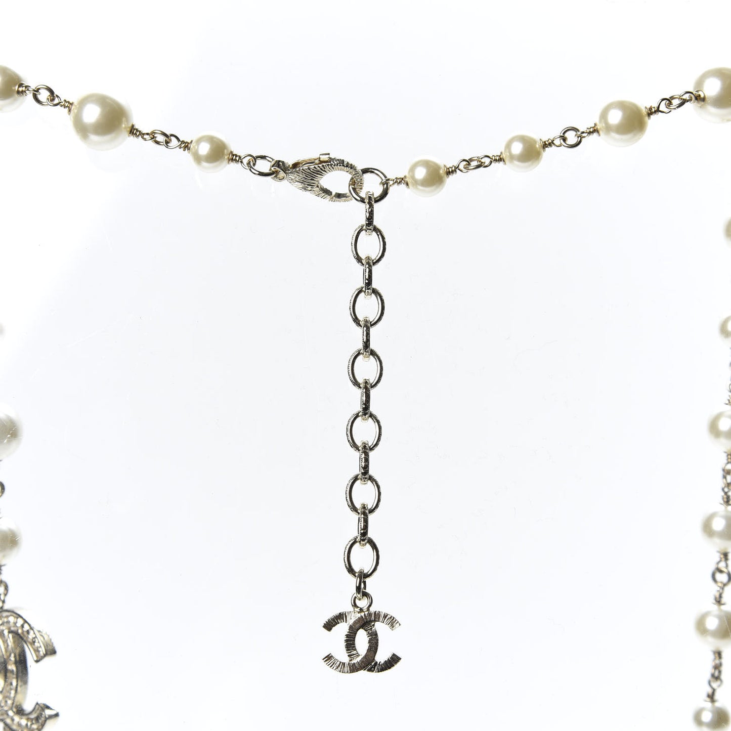 Crystal Pearl CC Long Necklace Silver