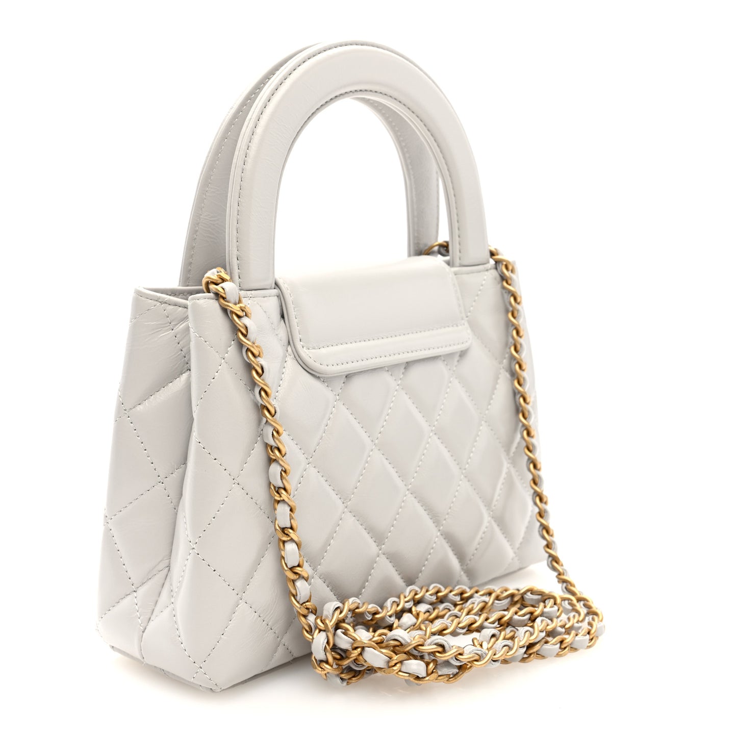 Shiny Aged Calfskin Quilted Nano Kelly Shopper Light Grey