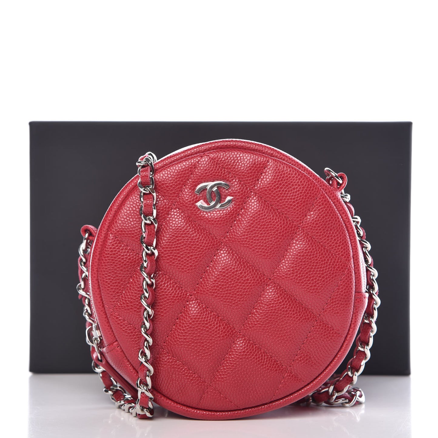 Caviar Quilted Round Clutch With Chain Pink