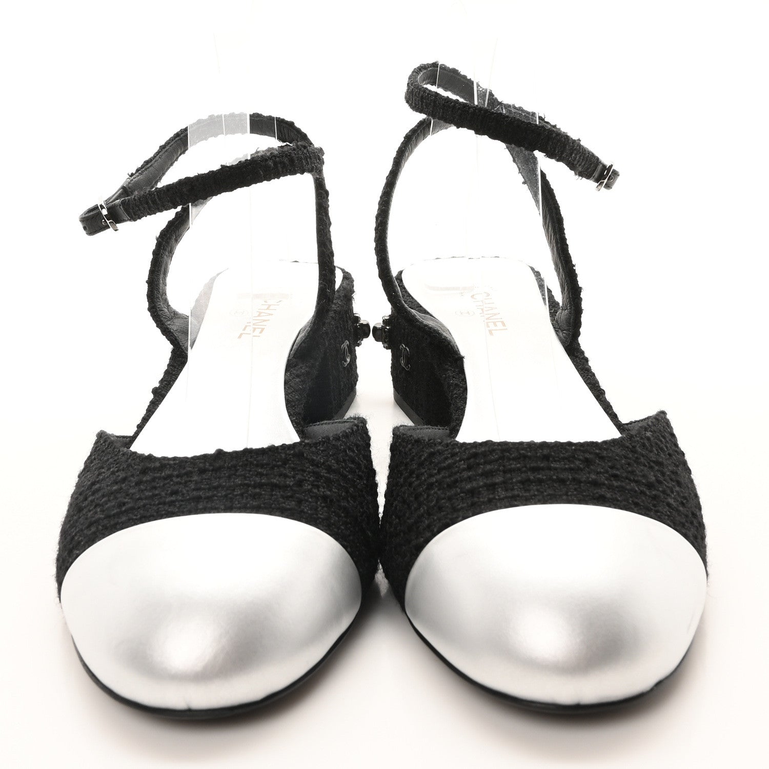 Chanel Tweed Iridescent Calfskin Cap Toe CC Slingback Pumps 39.5 Black Silver 3 of 8