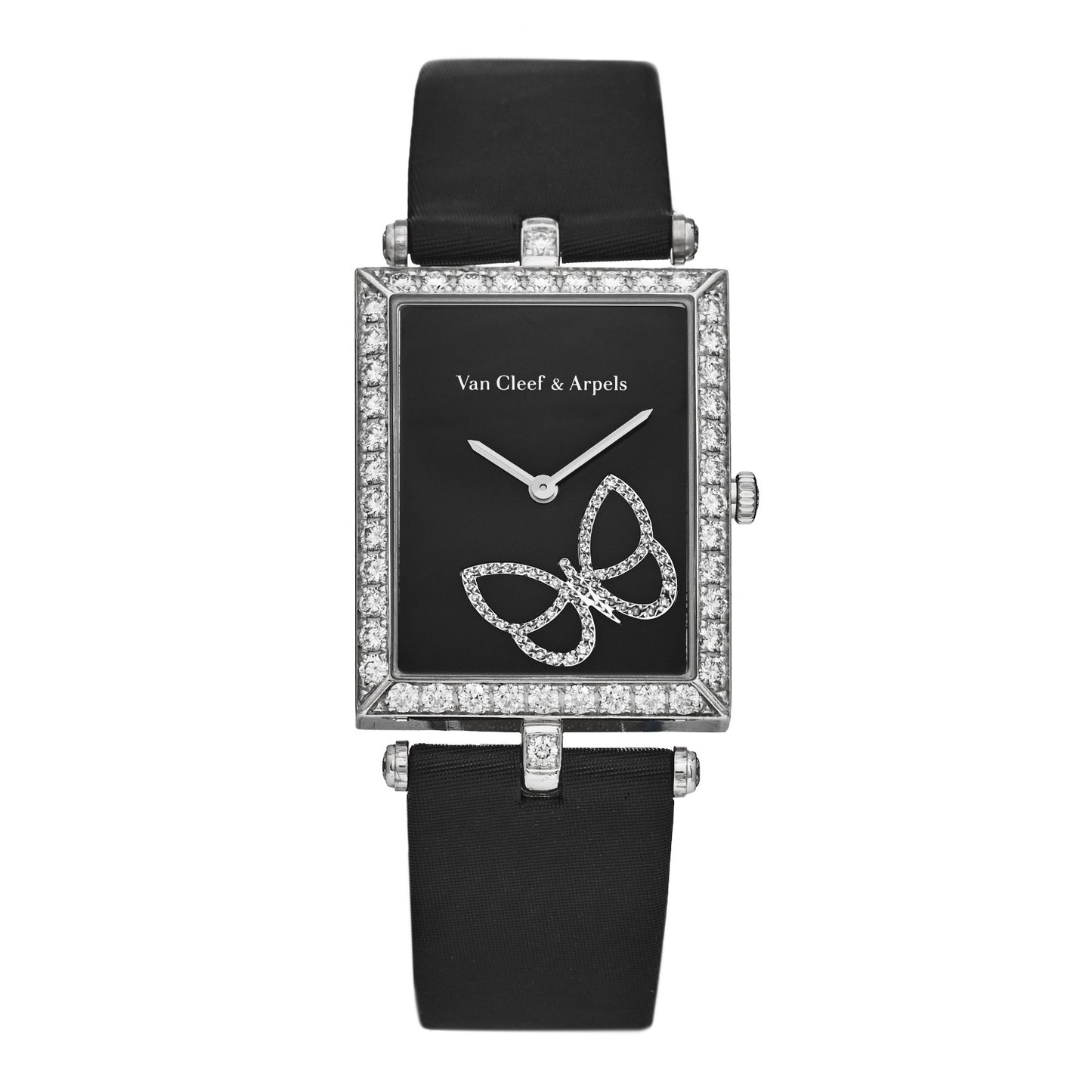 18K White Gold Satin Diamond Bezel 28mm Lady Arpels Papillon Quartz Watch