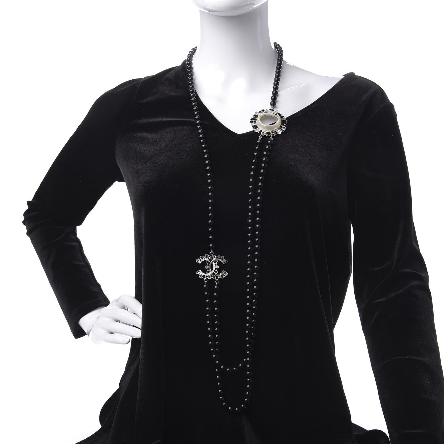 Chanel Bead Crystal Multi Strand CC Smiley Emoji Necklace Silver Black 2 of 6