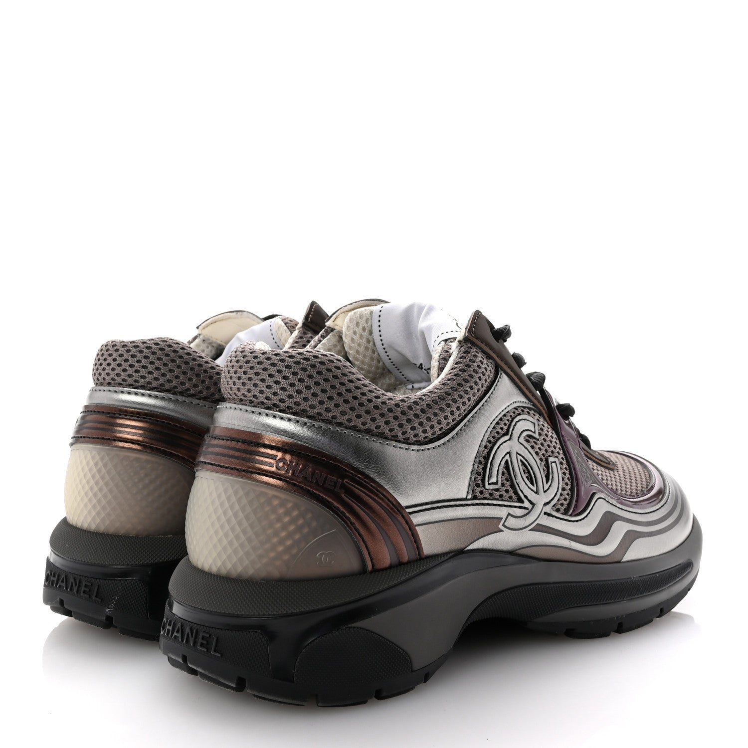 Chanel Fabric Laminated Calfskin Stretch CC Womens Sneakers 37.5 Khaki Silver Dark Purple 5 of 10