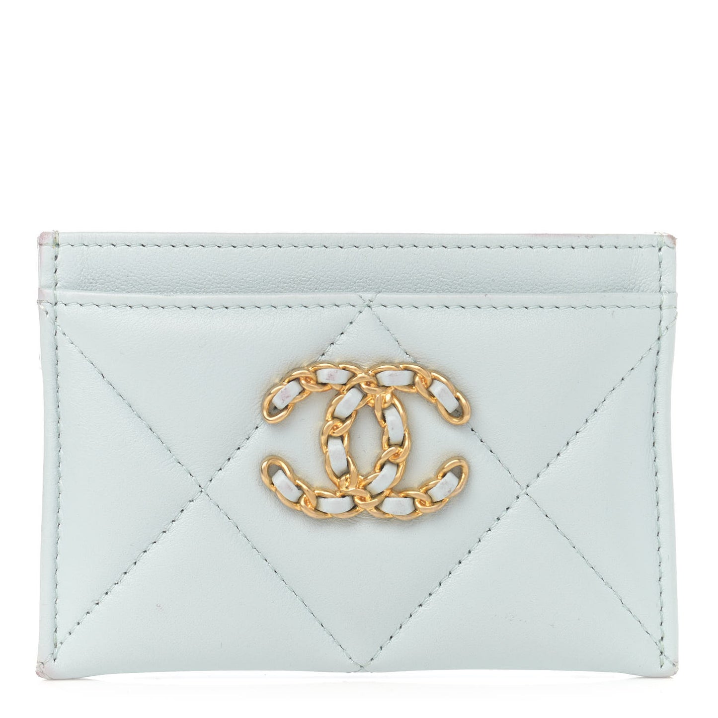 Lambskin Quilted Chanel 19 Card Holder Light Blue