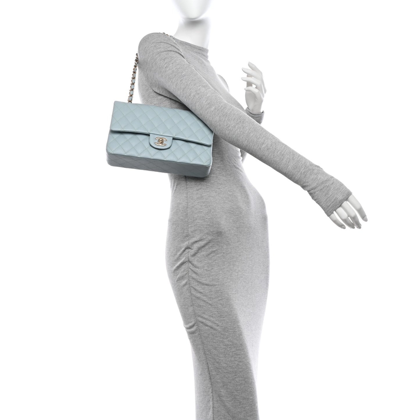 Caviar Quilted Medium Double Flap Light Blue