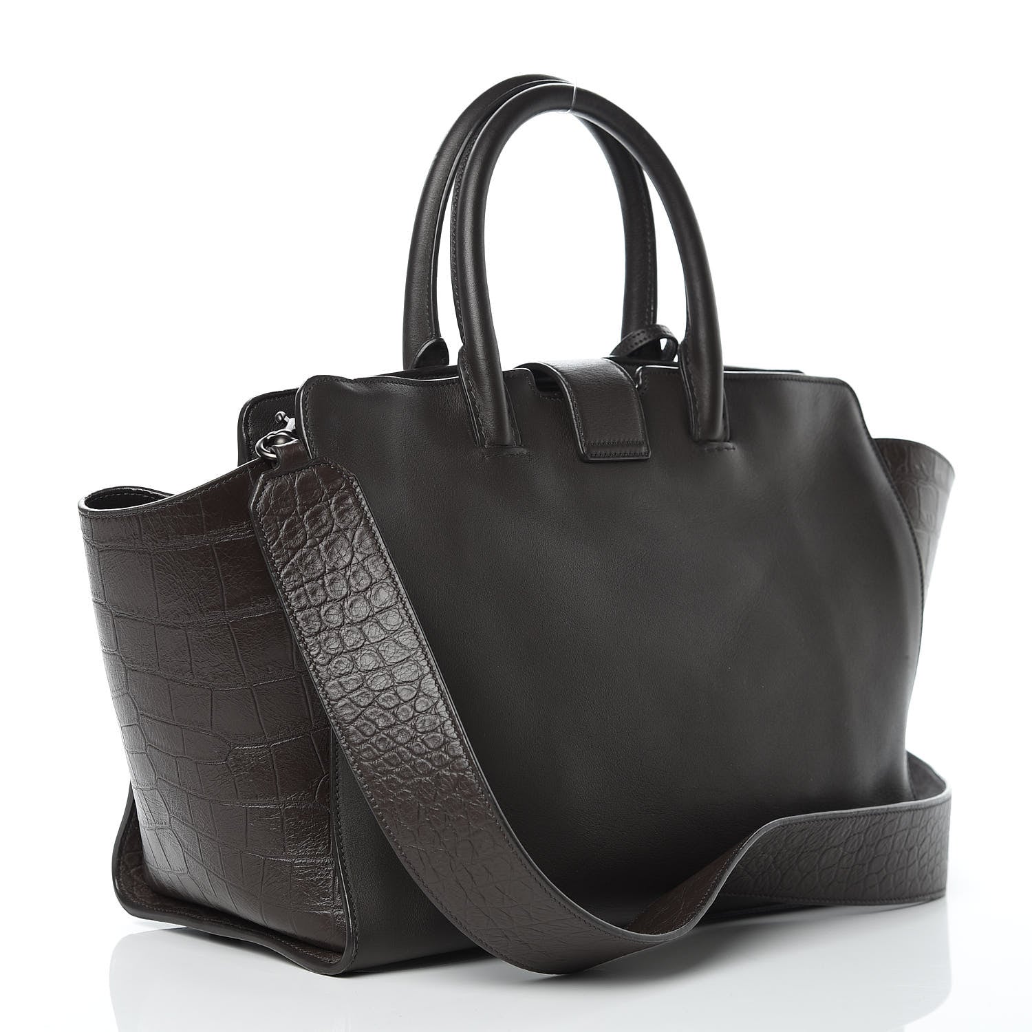 Saint Laurent Smooth Calfskin Crocodile Embossed Small Monogram Downtown Cabas Earth 3 of 9
