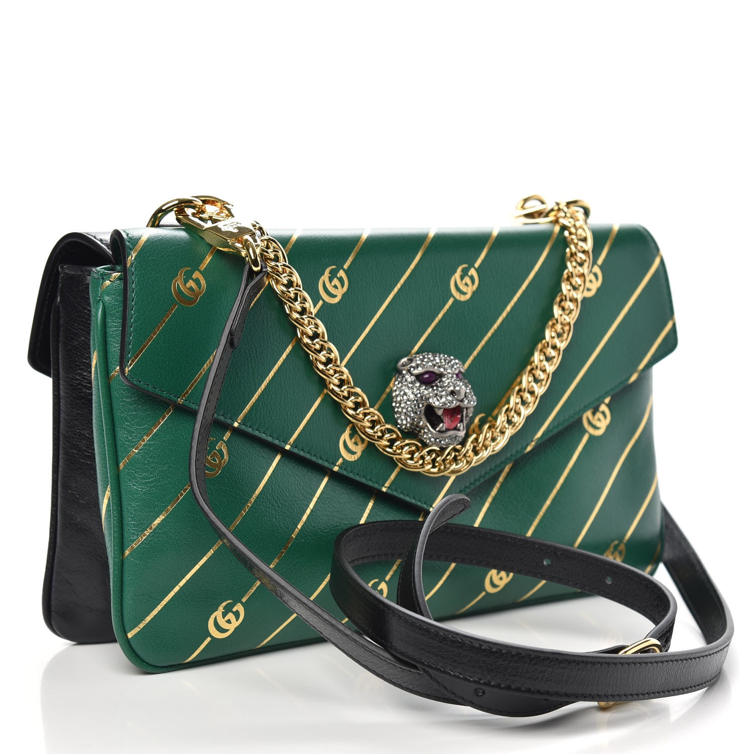 Gucci Calfskin Diagonal GG Medium Thiara Double Envelope Shoulder Bag Emerald Green Black 3 of 11