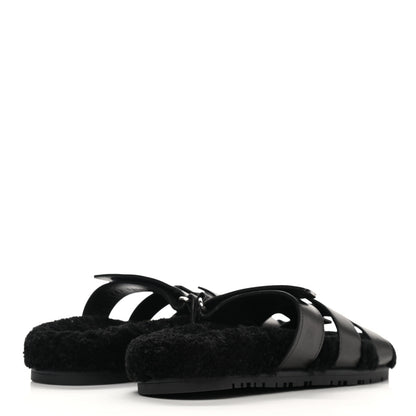Hermes Calfskin Woolskin Womens Chypre Sandals 38 Black 4 of 9