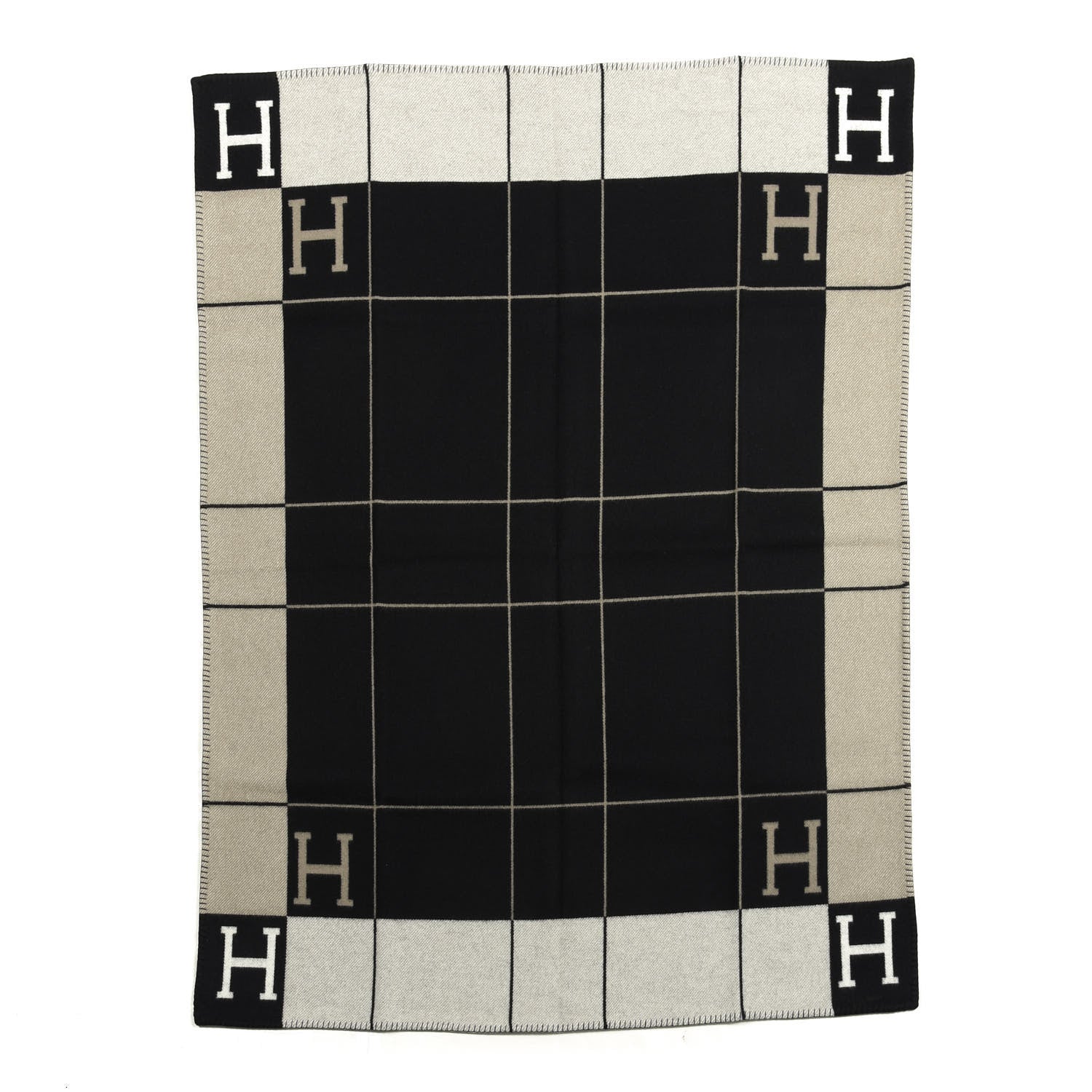 Hermes Wool Cashmere Avalon III Blanket Ecru Black 1 of 2