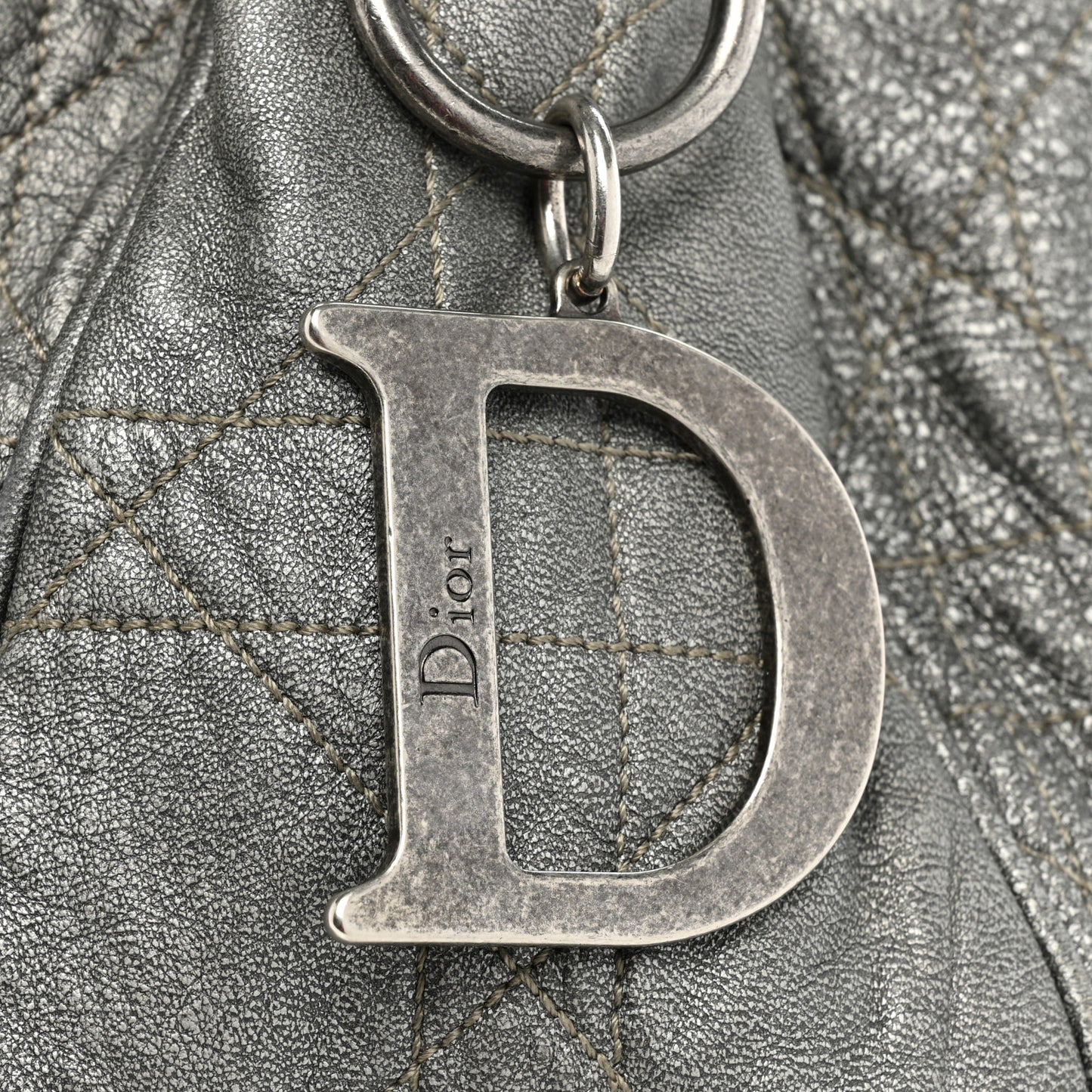 Metallic Lambskin Cannage Drawstring Bag Grey